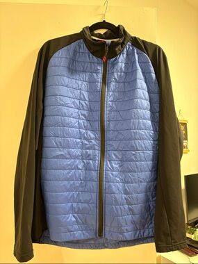 Men's Blue Quilted Front Performance Jacket with Black Sleeves